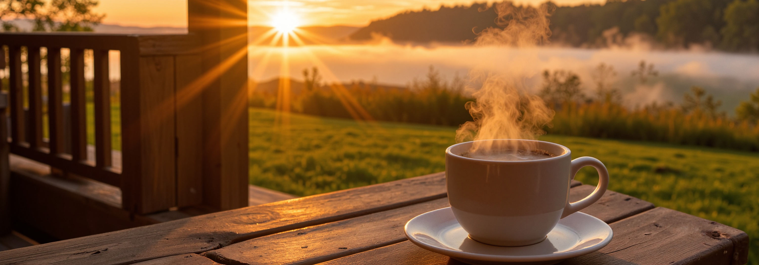 sun rising over a valley, steaming coffee in the foreground